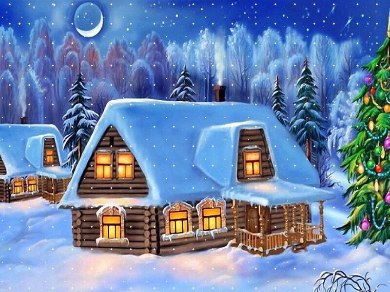 Log Cabin in Winter — Blue, Peaceful, Night