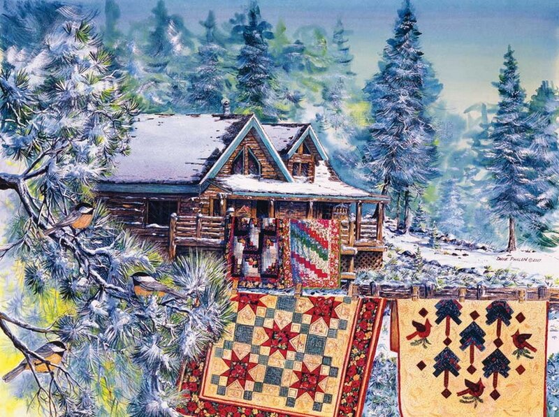 Log Cabin in Winter — Blue, Peaceful, Painting