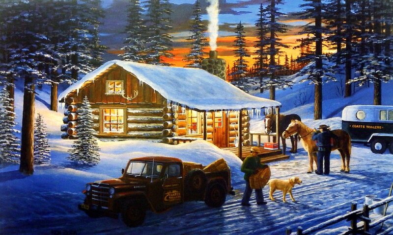 Log Cabin in Winter — Blue, Peaceful, Painting, Truck