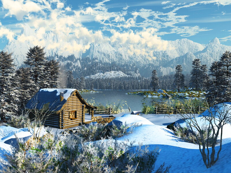 Log Cabin in Winter — Blue, Serene, 3d Render