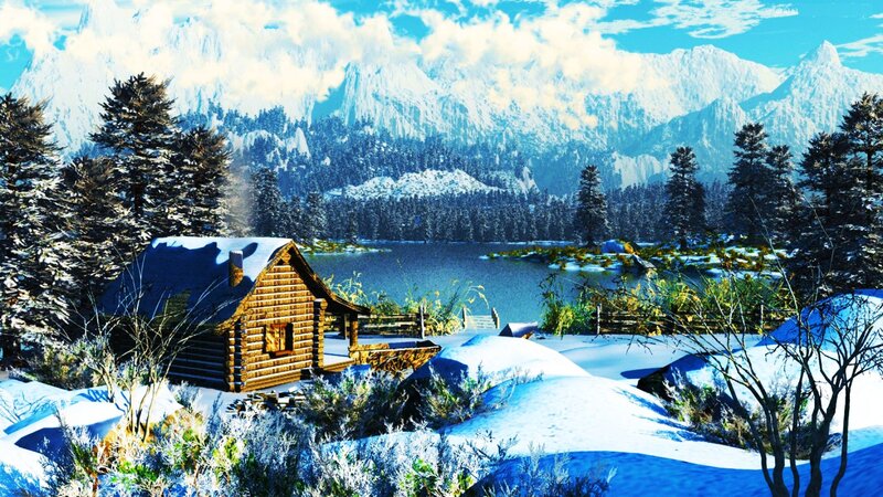 Log Cabin in Winter — Blue, Serene, Digital Art, Mountains