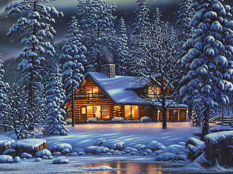 Log Cabin in Winter — Blue, Serene, Digital Art, Snow