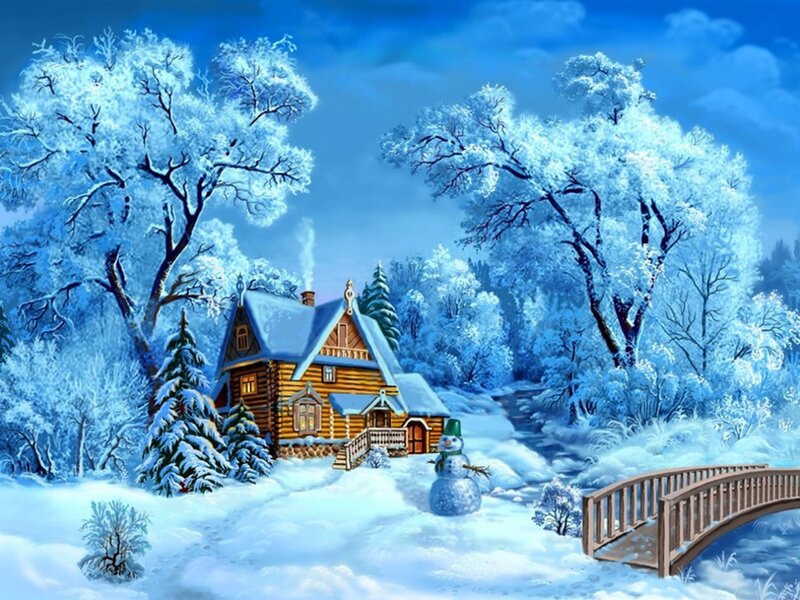 Log Cabin in Winter — Blue, Serene, Digital Art