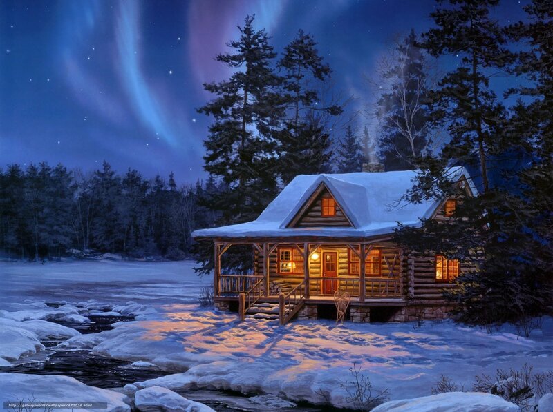 Log Cabin in Winter — Blue, Serene, Night, Digital Art, Aurora Borealis, Snow, River, Trees