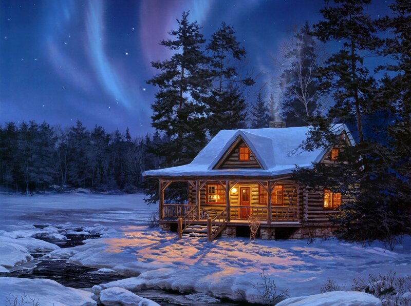Log Cabin in Winter — Blue, Serene, Night, Digital Art, Aurora Borealis, Snow