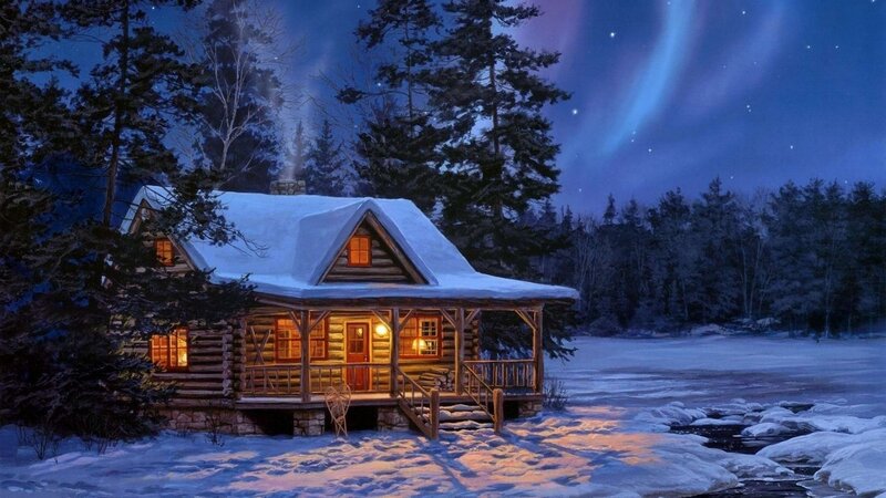 Log Cabin in Winter — Blue, Serene, Night, Digital Art, Forest