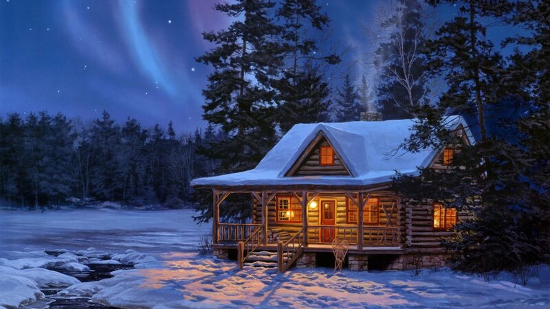 Log Cabin in Winter — Blue, Serene, Night, Digital Art, Snow