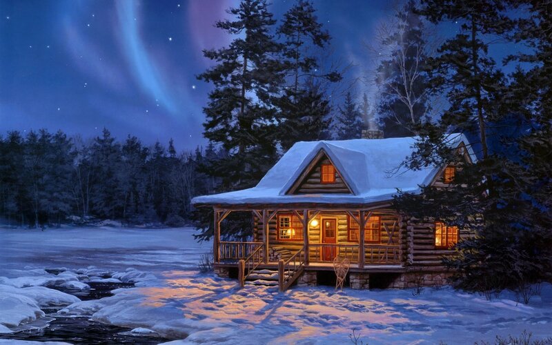 Log Cabin in Winter — Blue, Serene, Night, Digital Art