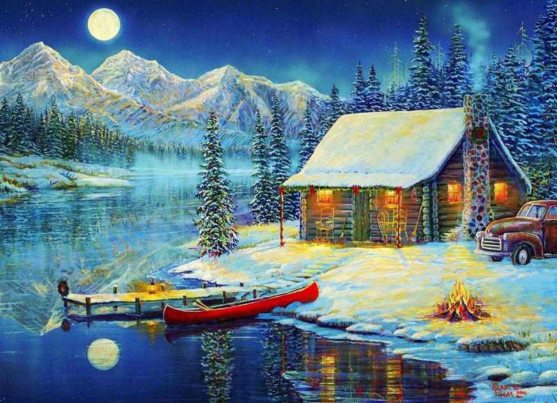 Log Cabin in Winter — Blue, Serene, Night, Painting, Mountains, Lake