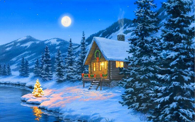 Log Cabin in Winter — Blue, Serene, Night, Painting, Snow-covered Trees