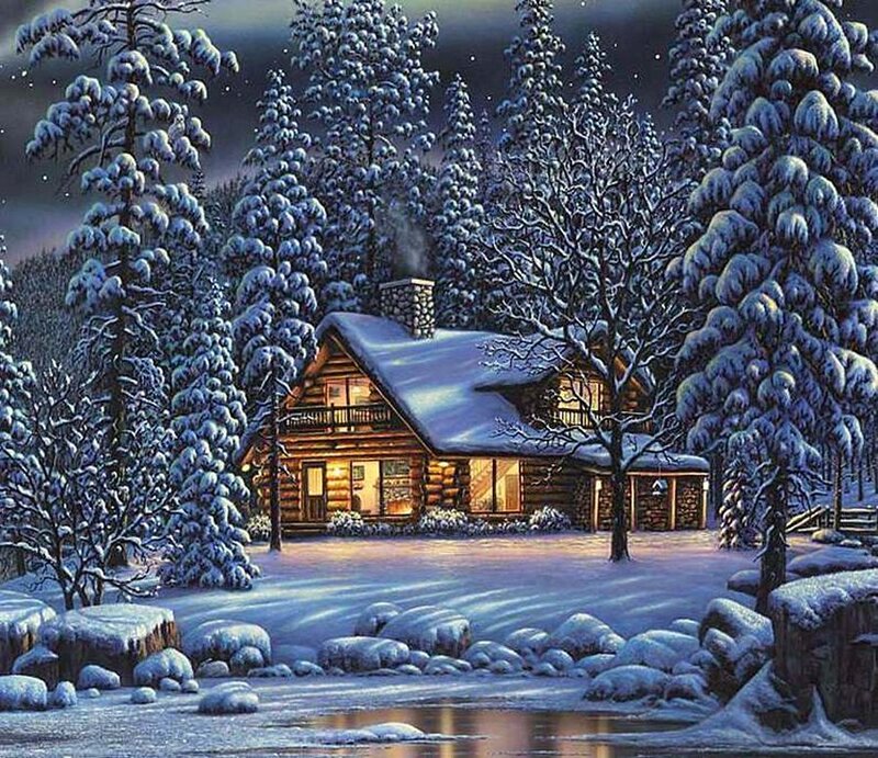 Log Cabin in Winter — Blue, Serene, Night, Painting