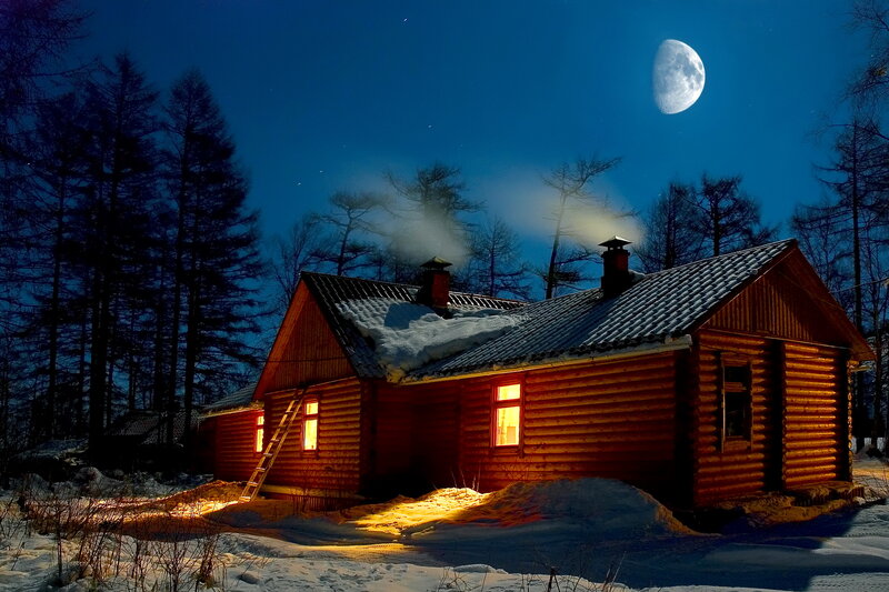 Log Cabin in Winter — Blue, Serene, Night, Photograph