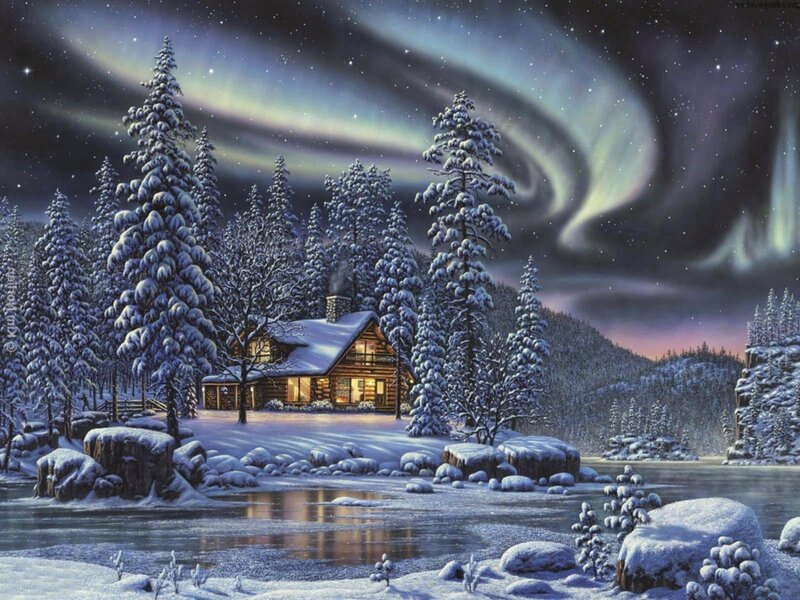 Log Cabin in Winter — Blue, Serene, Night