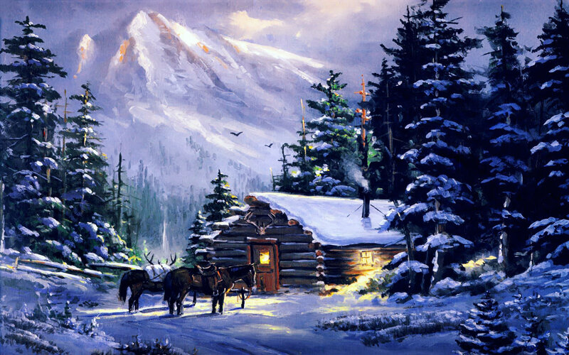 Log Cabin in Winter — Blue, Serene, Painting, Mountain, Horses