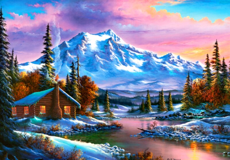 Log Cabin in Winter — Blue, Serene, Painting, Mountain