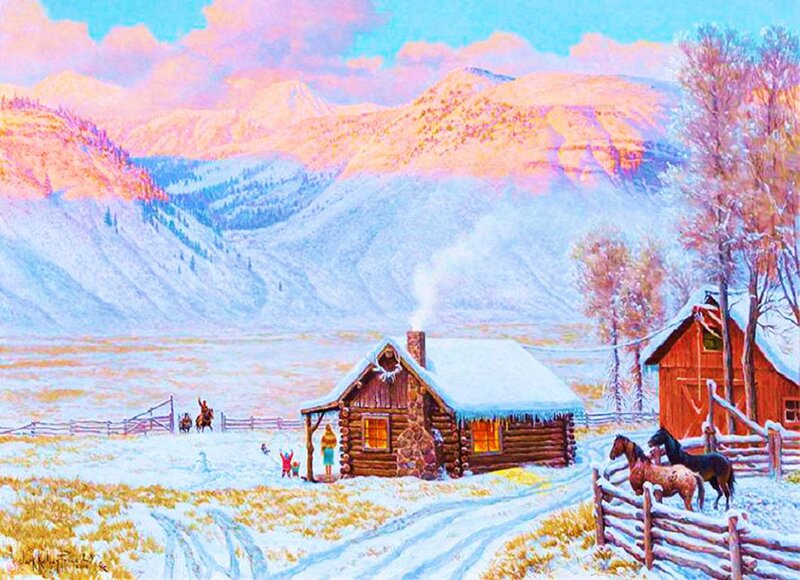 Log Cabin in Winter — Blue, Serene, Painting, Mountains