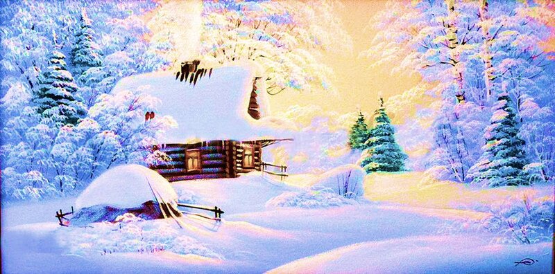 Log Cabin in Winter — Blue, Serene, Painting, Snow