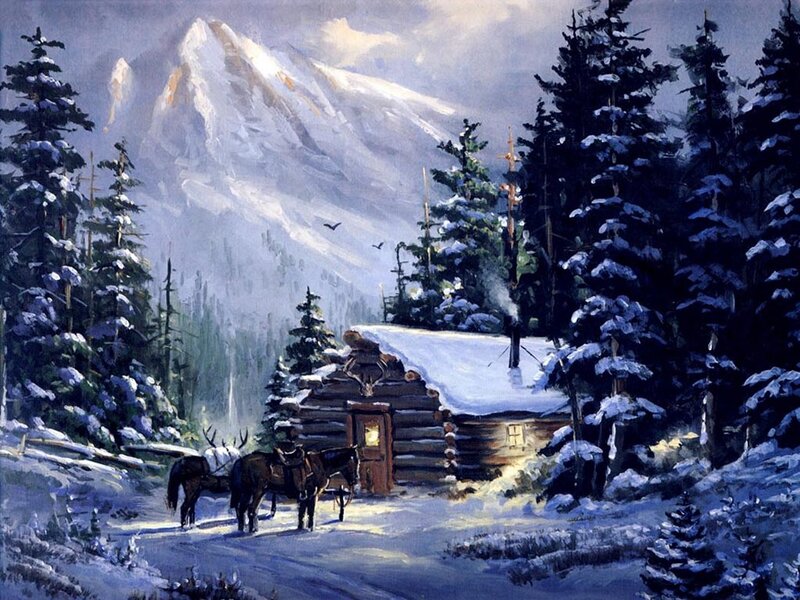 Log Cabin in Winter — Blue, Serene, Painting