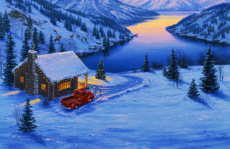 Log Cabin in Winter — Blue, Serene, Painting, Truck