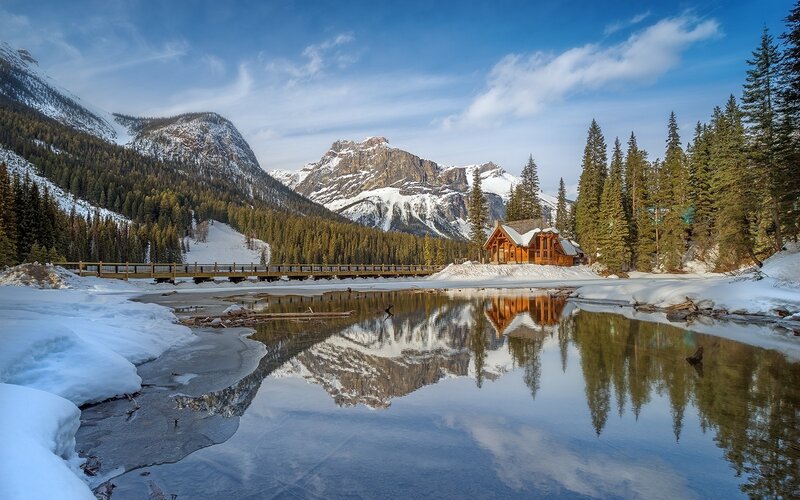 Log Cabin in Winter — Blue, Serene, Photograph, Mountains