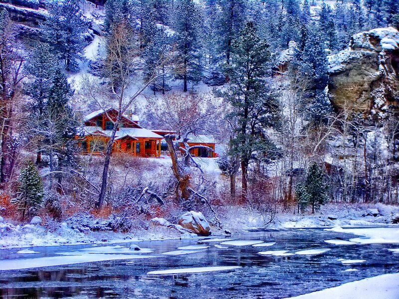 Log Cabin in Winter — Blue, Serene, Photograph