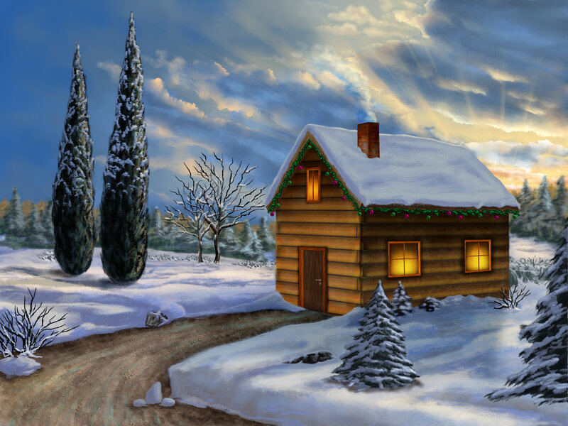 Log Cabin in Winter — Brown, Serene