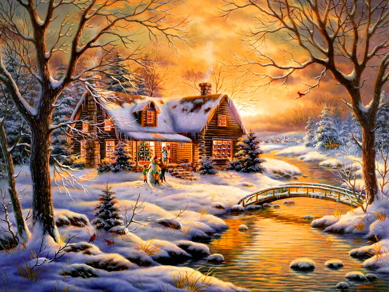 Log Cabin in Winter — Orange, Peaceful