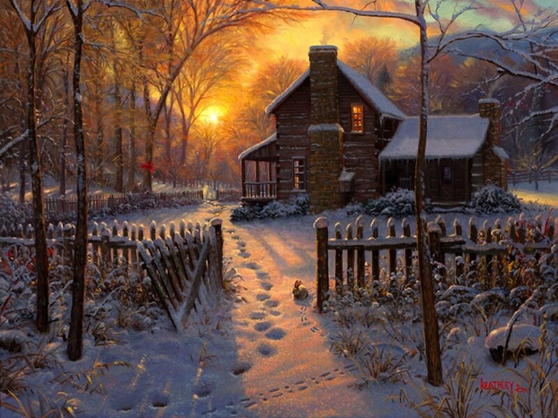 Log Cabin in Winter — Orange, Serene
