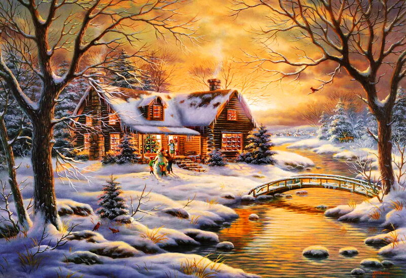 Log Cabin in Winter — Orange