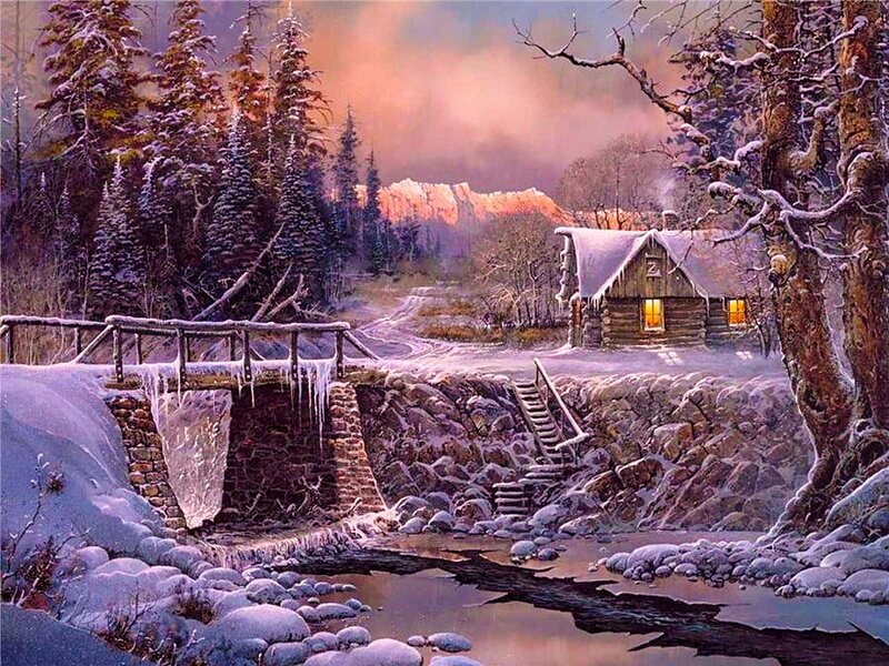 Log Cabin in Winter — Purple, Serene, Painting