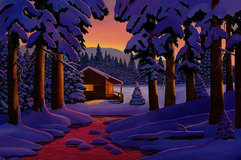 Log Cabin in Winter — Purple, Serene, Sunset