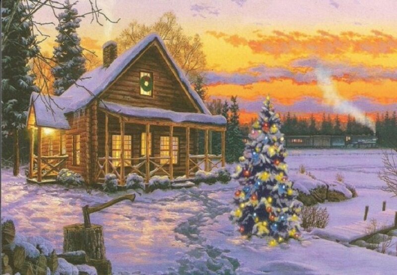 Log Cabin in Winter — Purple, Serene
