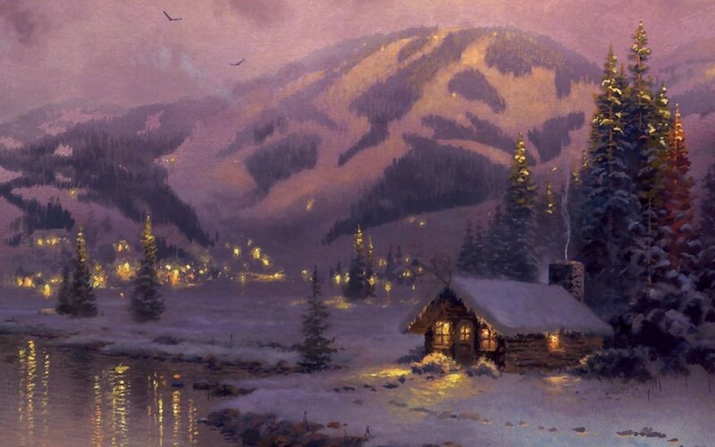 Log Cabin in Winter — Purple