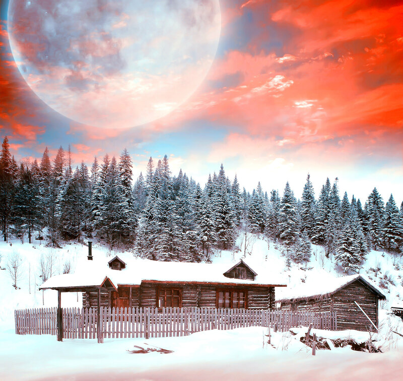 Log Cabin in Winter — Red