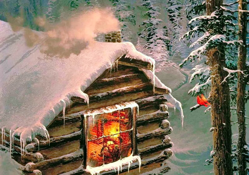 Log Cabin in Winter — White, Cozy, Painting