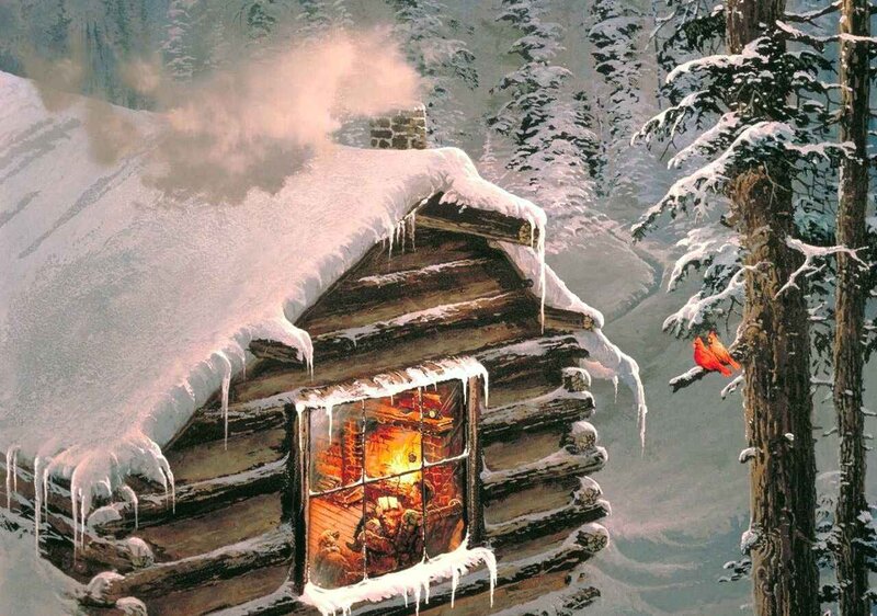 Log Cabin in Winter — White, Cozy