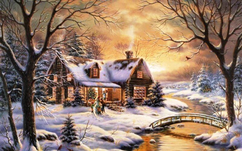 Log Cabin in Winter — White, Peaceful, Painting, Snow