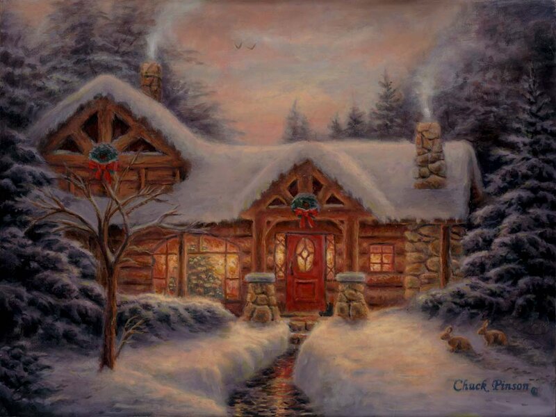 Log Cabin in Winter — White, Peaceful, Painting