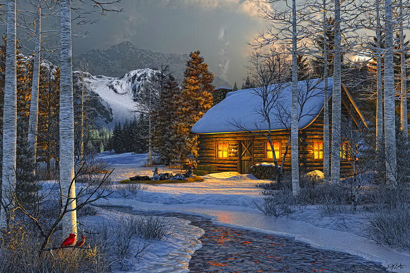 Log Cabin in Winter — White, Serene, Digital Art