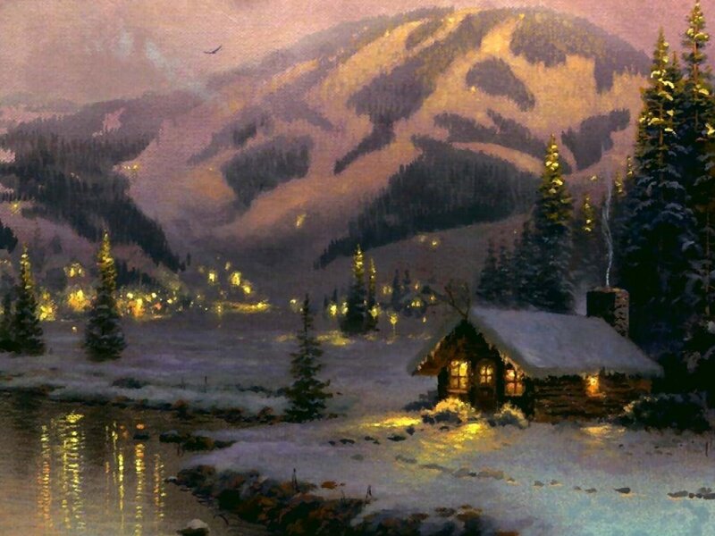 Log Cabin in Winter — White, Serene, Night