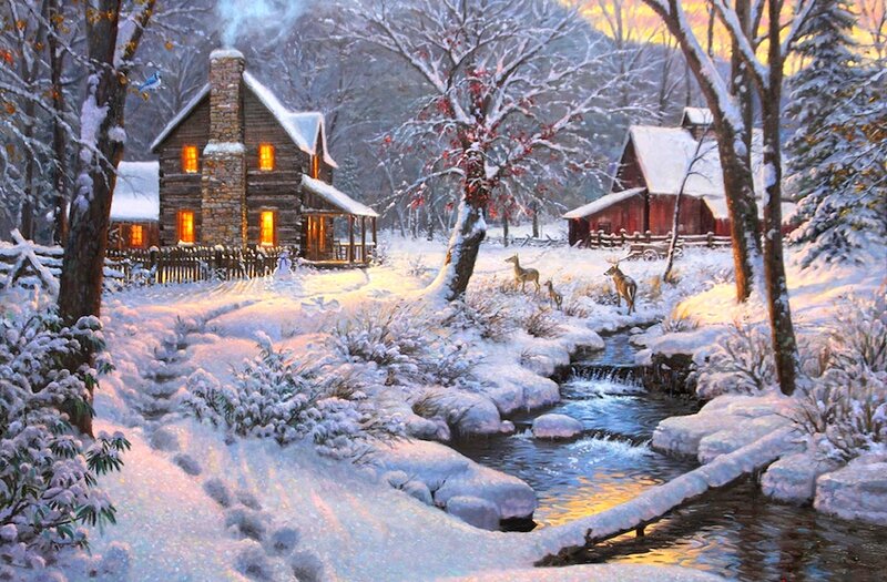 Log Cabin in Winter — White, Serene, Painting, Deer