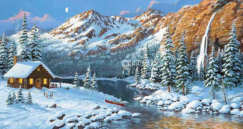 Log Cabin in Winter — White, Serene, Painting, Mountains, River