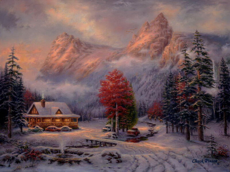 Log Cabin in Winter — White, Serene, Painting, Mountains