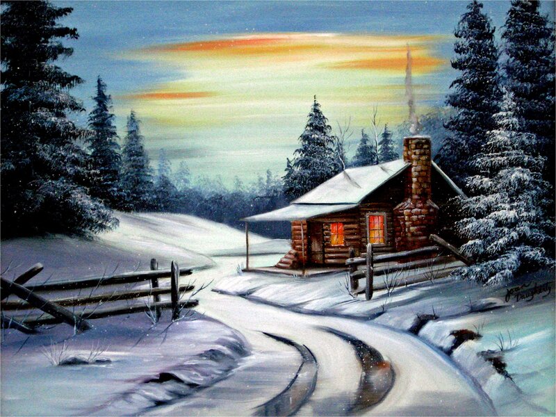 Log Cabin in Winter — White, Serene, Painting, Snow
