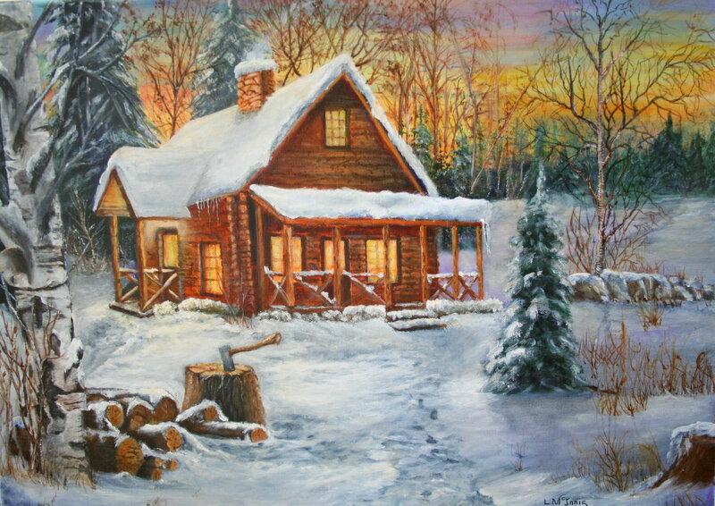 Log Cabin in Winter — White, Serene, Painting, Snow, Trees