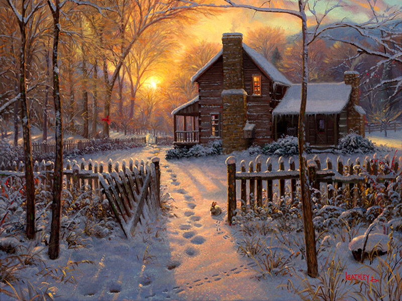 Log Cabin in Winter — White, Serene, Painting