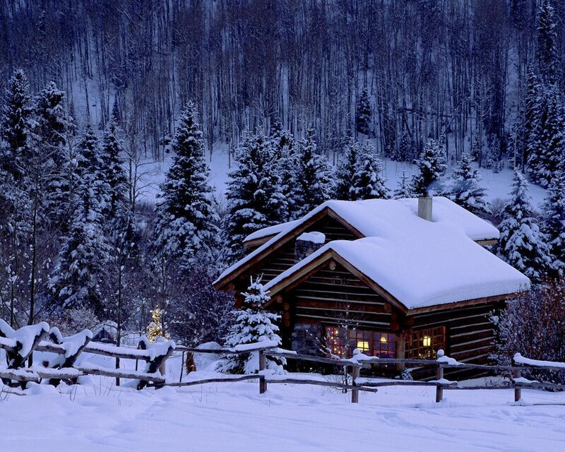 Log Cabin in Winter — White, Serene, Photograph, Snow