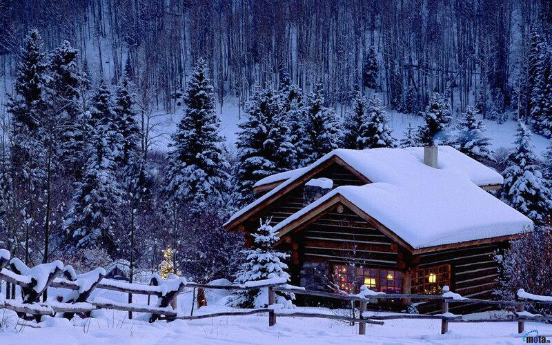 Log Cabin in Winter — White, Serene, Photograph, Snow, Trees, Fence
