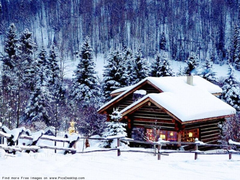 Log Cabin in Winter — White, Serene, Photograph, Snow, Trees