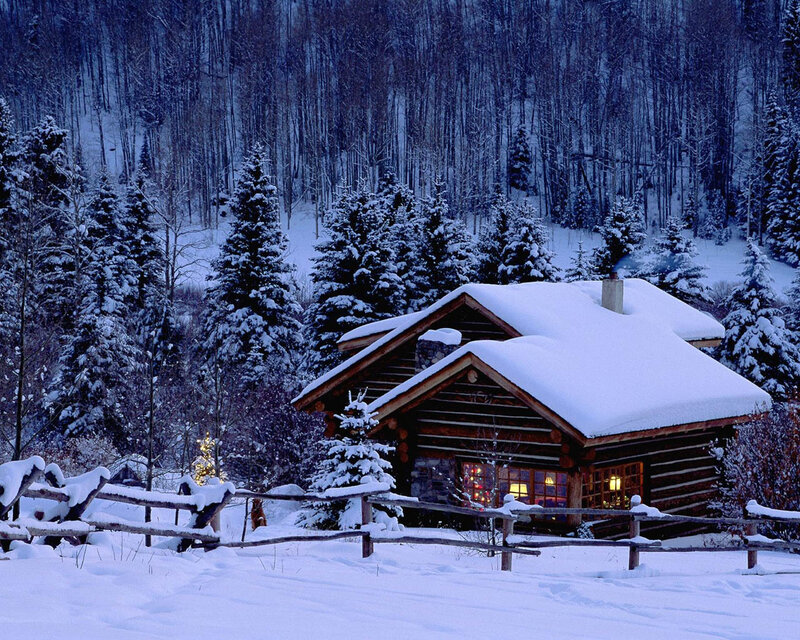 Log Cabin in Winter — White, Serene, Photograph